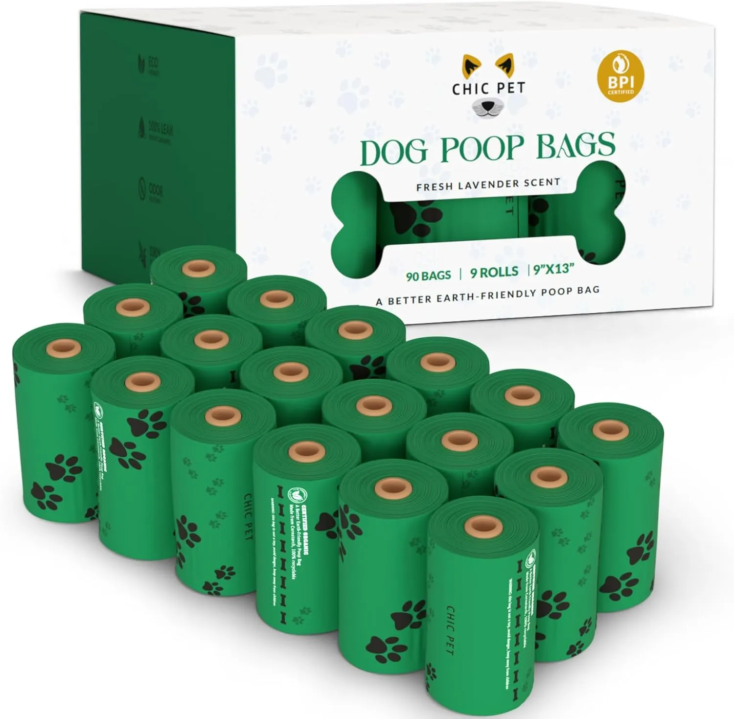 ChicPet Premium Dog Waste Bags, All-Natural, Fresh Lavender Scent, Great for Small and Large Dogs, Extra-thick and Durable, Easy-Open, Leak Proof, 10 Bags Per Roll, 9 Rolls