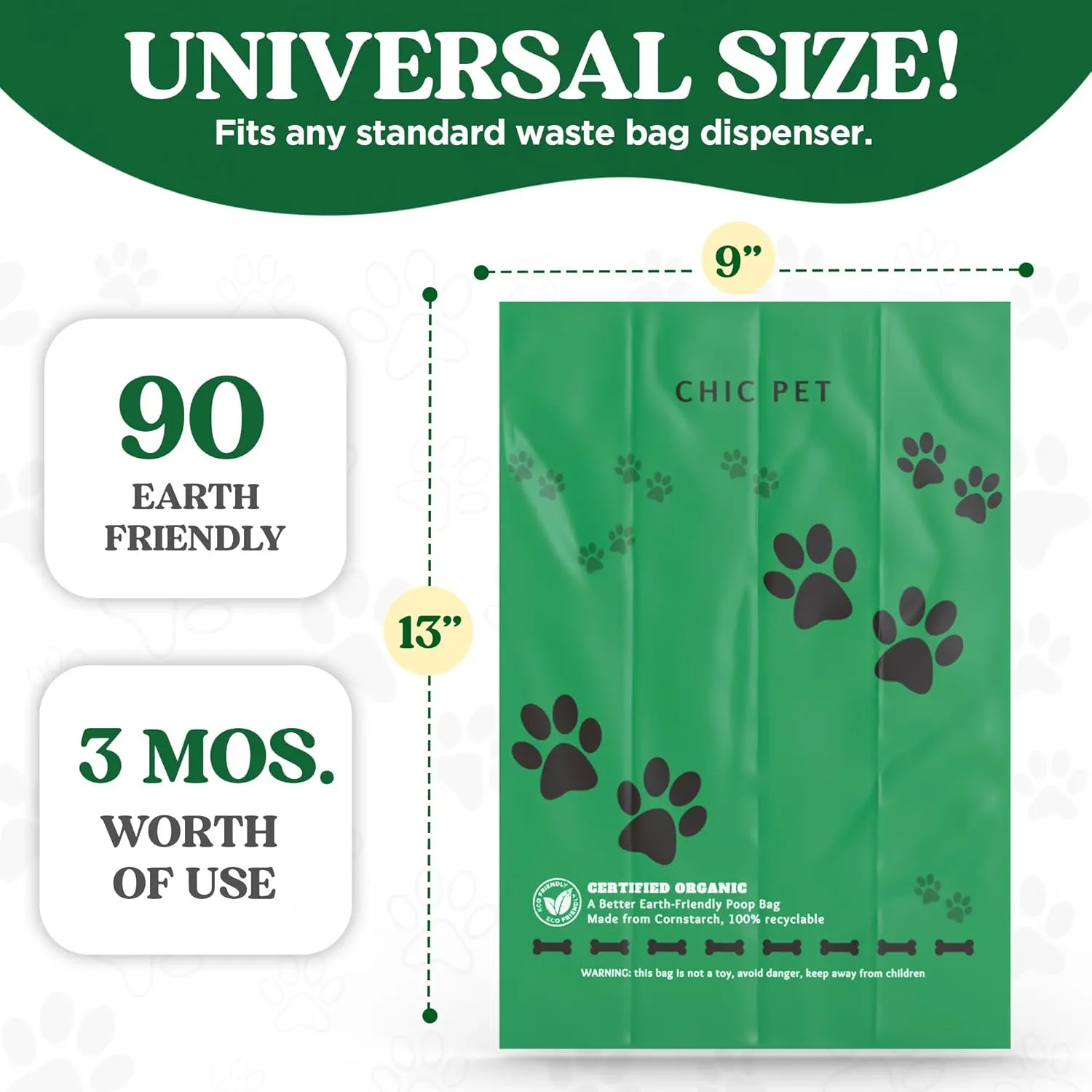 ChicPet Premium Dog Waste Bags, All-Natural, Fresh Lavender Scent, Great for Small and Large Dogs, Extra-thick and Durable, Easy-Open, Leak Proof, 10 Bags Per Roll, 9 Rolls