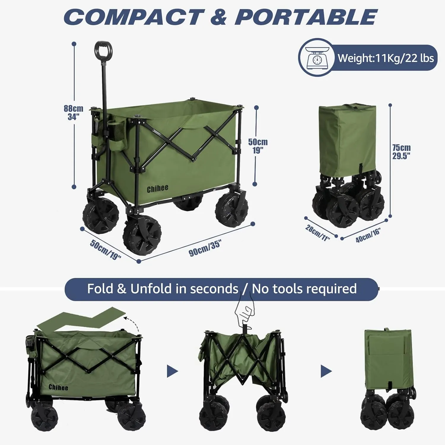Chihee Folding Beach Wagon Cart, Army-Green, Large Capacity, Removable Fabric, Portable, Lightweight, with Braking System, for All-Terrain Wheels, Ideal for Camping Trips