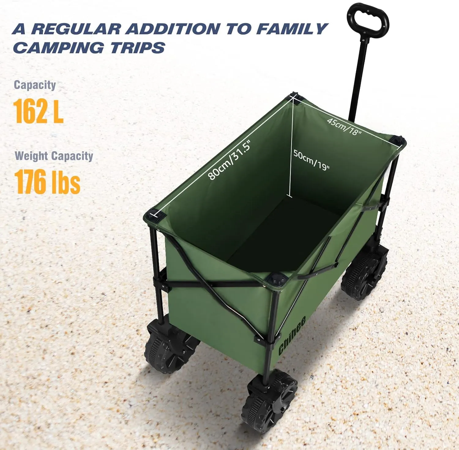 Chihee Folding Beach Wagon Cart, Army-Green, Large Capacity, Removable Fabric, Portable, Lightweight, with Braking System, for All-Terrain Wheels, Ideal for Camping Trips