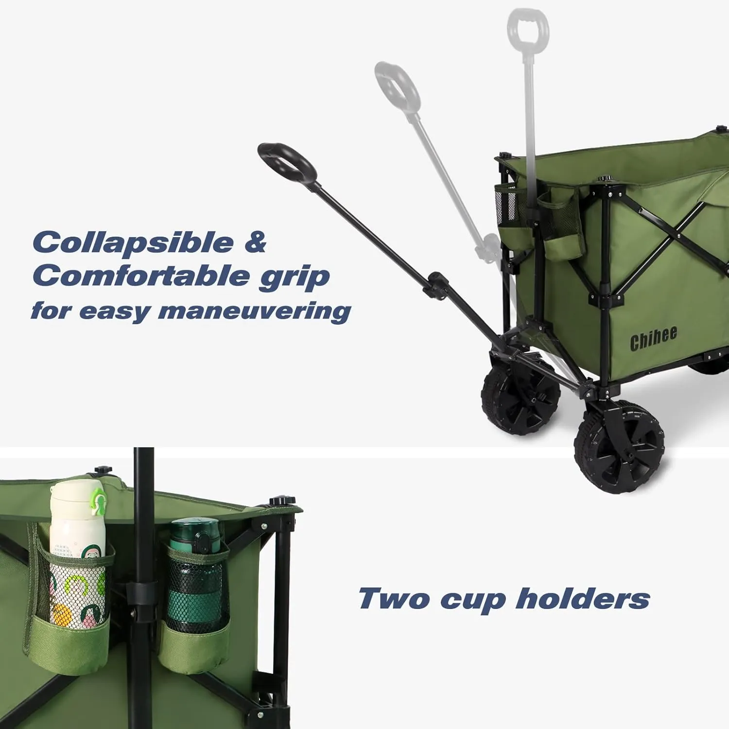 Chihee Folding Beach Wagon Cart, Army-Green, Large Capacity, Removable Fabric, Portable, Lightweight, with Braking System, for All-Terrain Wheels, Ideal for Camping Trips