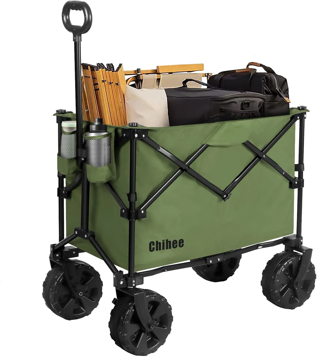 Chihee Folding Beach Wagon Cart, Army-Green, Large Capacity, Removable Fabric, Portable, Lightweight, with Braking System, for All-Terrain Wheels, Ideal for Camping Trips