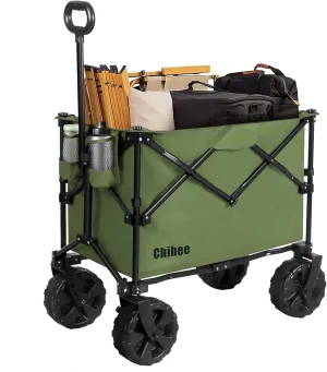 Chihee Folding Beach Wagon Cart, Army-Green, Large Capacity, Removable Fabric, Portable, Lightweight, with Braking System, for All-Terrain Wheels, Ideal for Camping Trips