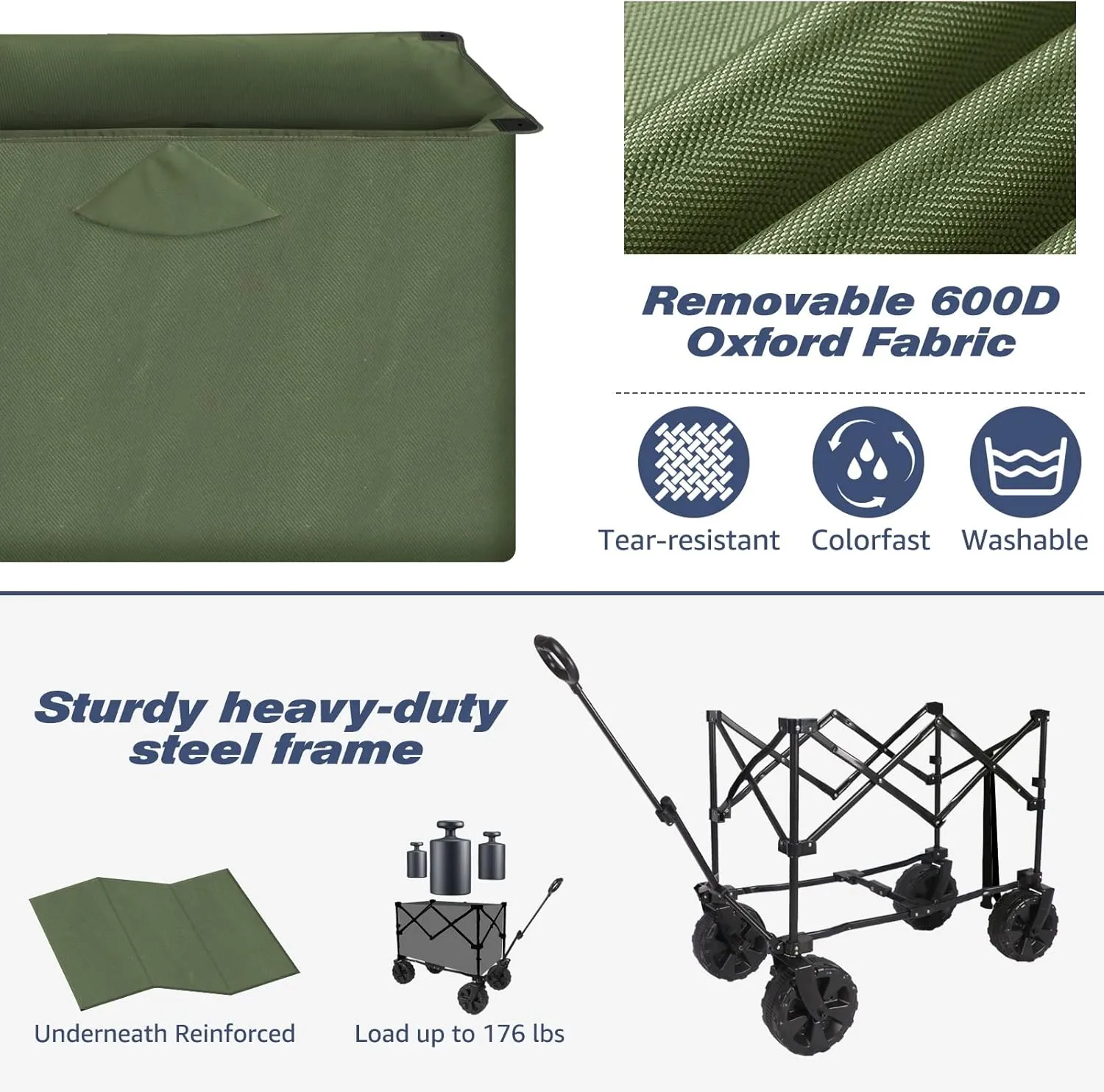 Chihee Folding Beach Wagon Cart, Army-Green, Large Capacity, Removable Fabric, Portable, Lightweight, with Braking System, for All-Terrain Wheels, Ideal for Camping Trips