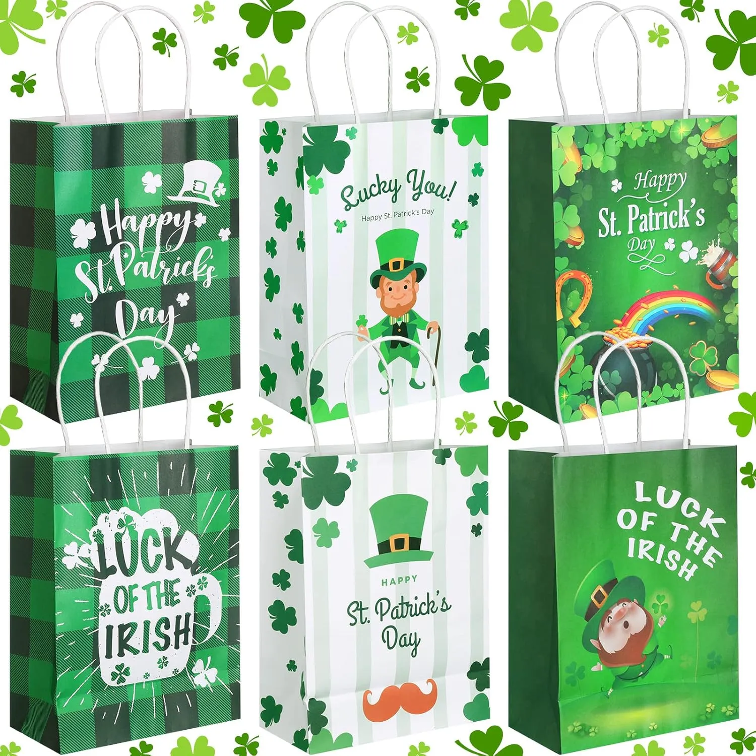 Chinco 18 Pieces St. Patrick Day Party Gift Bags Lucky Shamrock Treat Goody Clover Green Paper Bags with Handle for St. Patrick's Day Party Supplies Favors