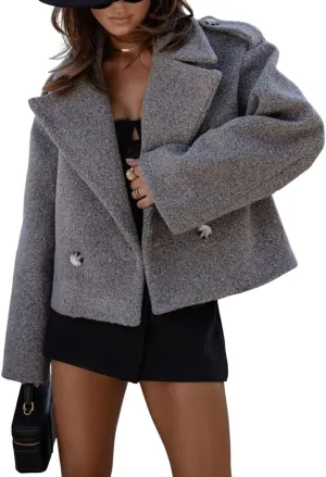chouyatou Women's Cropped Wool Coat Notch Lapel Blazer Jacket Business Casual Winter Wool Blend Pea Coat