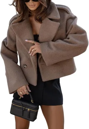 chouyatou Women's Cropped Wool Coat Notch Lapel Blazer Jacket Business Casual Winter Wool Blend Pea Coat