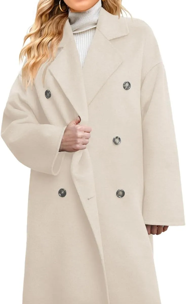 chouyatou Women's Winter Double Breasted Wool Coat Business Casual Notch Lapel Midi Long Winter Trench Coat