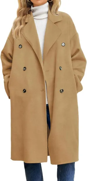 chouyatou Women's Winter Double Breasted Wool Coat Business Casual Notch Lapel Midi Long Winter Trench Coat