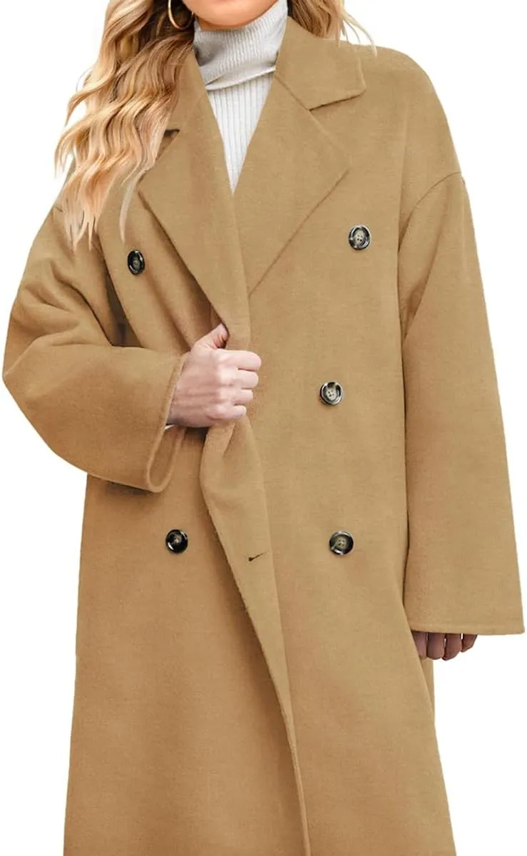 chouyatou Women's Winter Double Breasted Wool Coat Business Casual Notch Lapel Midi Long Winter Trench Coat
