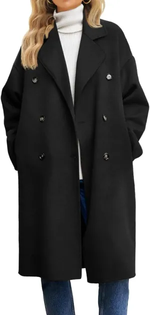 chouyatou Women's Winter Double Breasted Wool Coat Business Casual Notch Lapel Midi Long Winter Trench Coat