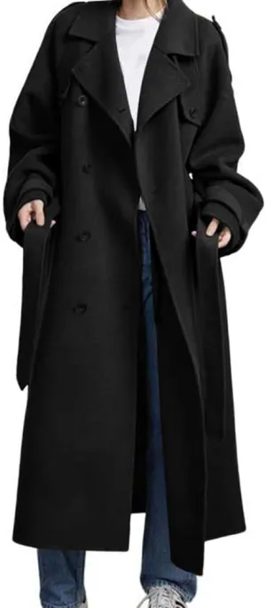chouyatou Women's Winter Double Breasted Wool Coat Long Sleeve Notch Lapel Midi Long Winter Trench Coat with Belt