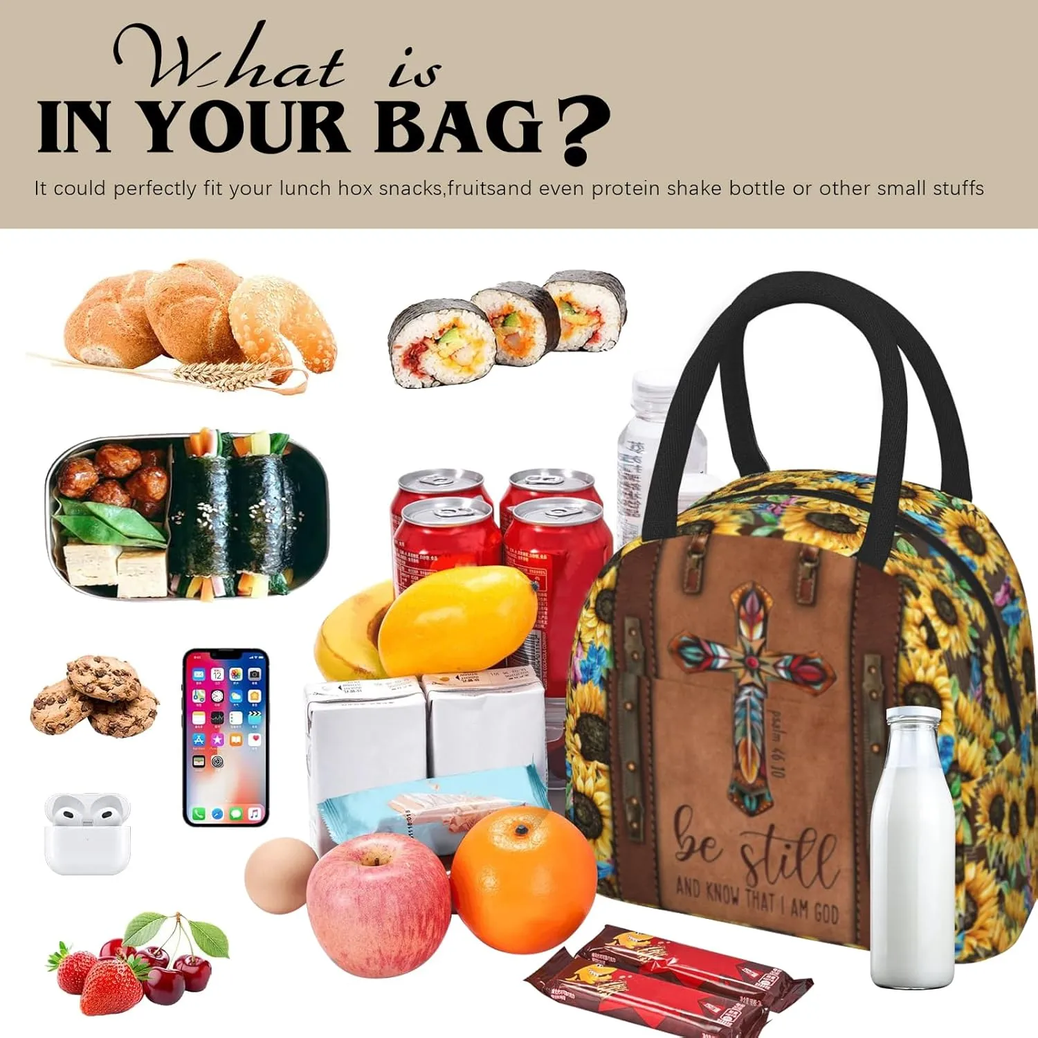 Christian Lunch Bag for Women Insulated Bible Verses Lunch Box Religious Cross Sunflower Lunchbox Inspirational Scripture Reusable Church LunchTote Bag for Office Work Travel