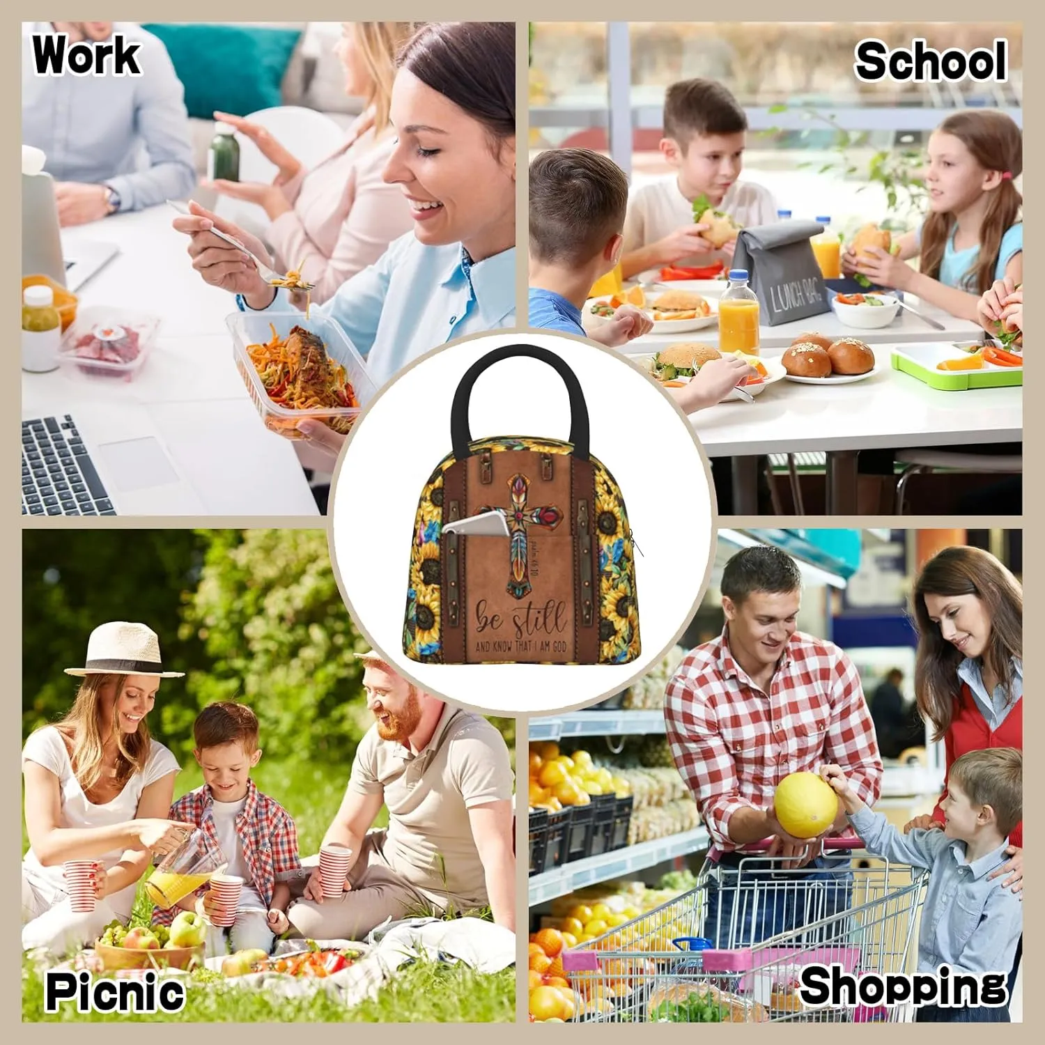 Christian Lunch Bag for Women Insulated Bible Verses Lunch Box Religious Cross Sunflower Lunchbox Inspirational Scripture Reusable Church LunchTote Bag for Office Work Travel