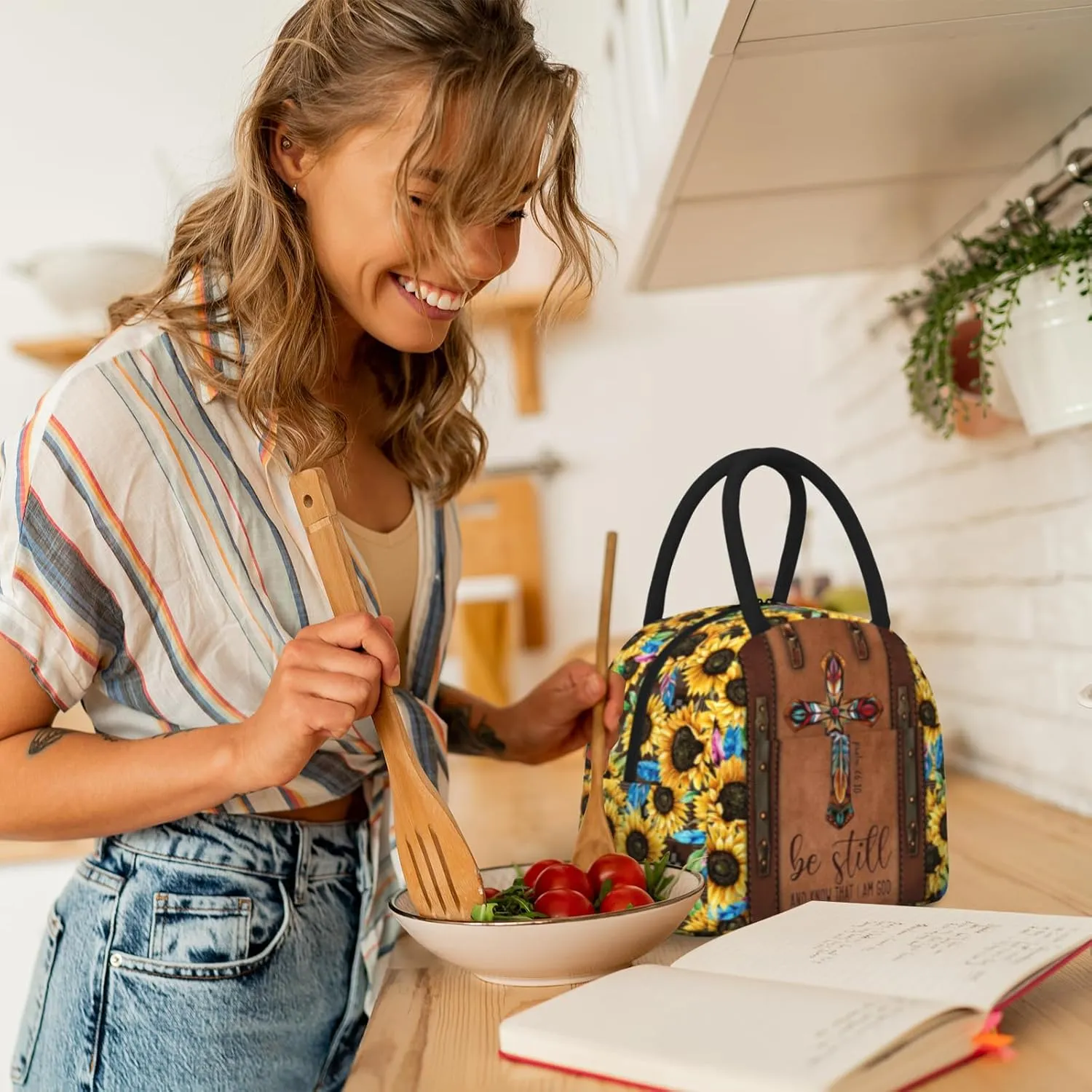 Christian Lunch Bag for Women Insulated Bible Verses Lunch Box Religious Cross Sunflower Lunchbox Inspirational Scripture Reusable Church LunchTote Bag for Office Work Travel