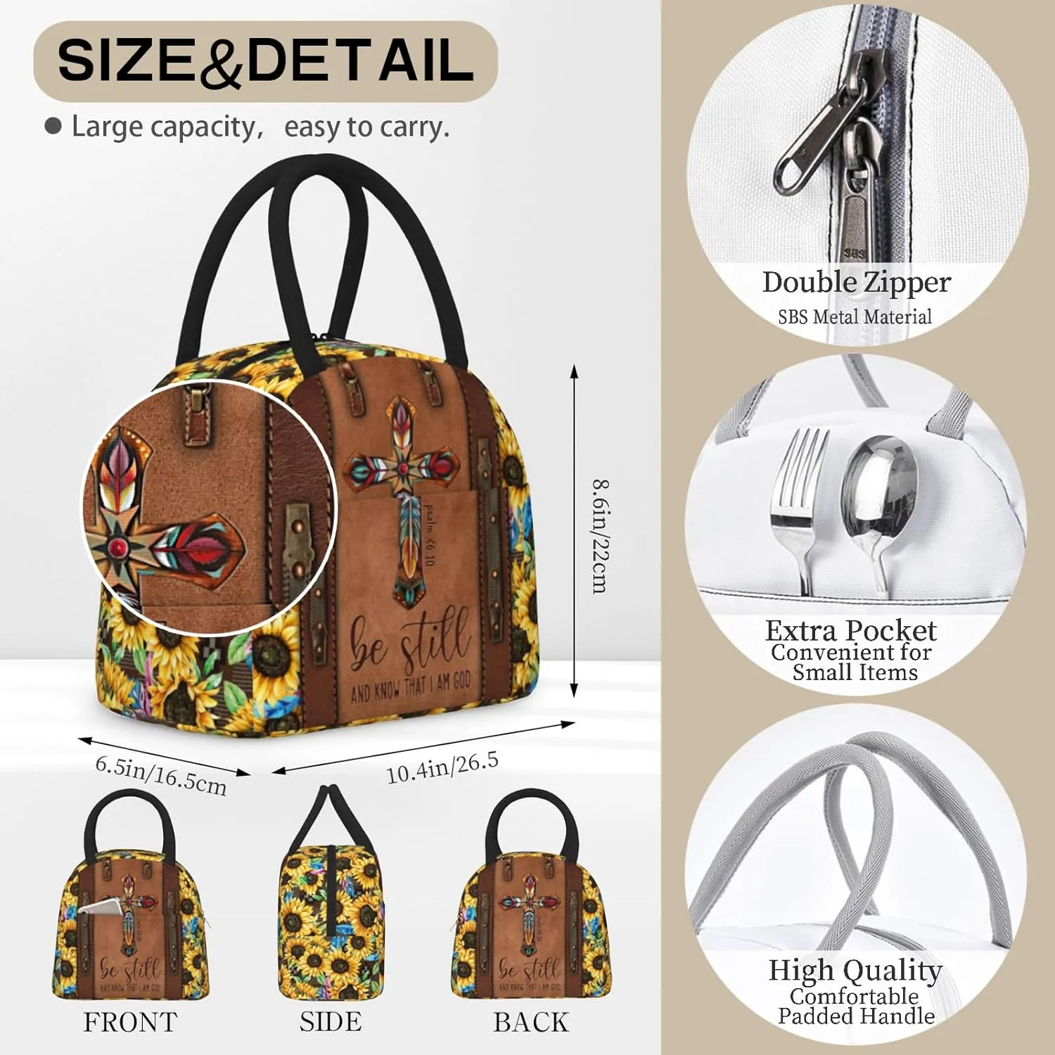 Christian Lunch Bag for Women Insulated Bible Verses Lunch Box Religious Cross Sunflower Lunchbox Inspirational Scripture Reusable Church LunchTote Bag for Office Work Travel