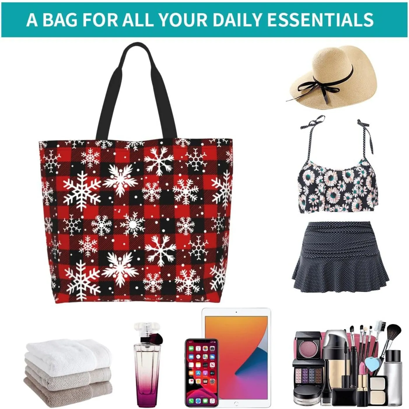 Christmas Bag, Red Christmas Snowflakes Reusable Grocery Bags, Xmas Tote Bag for Women Men Outdoor Shopping,Travel