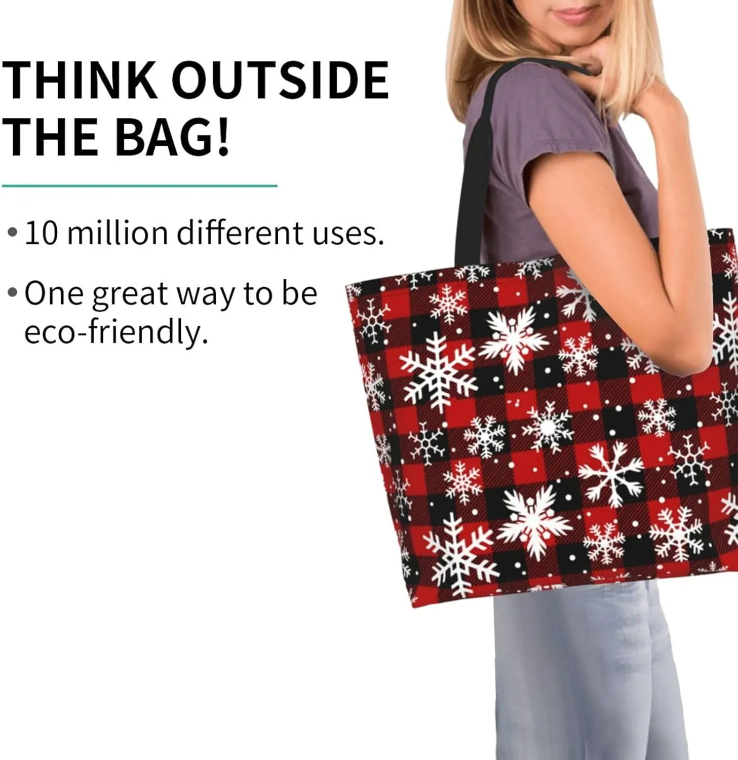 Christmas Bag, Red Christmas Snowflakes Reusable Grocery Bags, Xmas Tote Bag for Women Men Outdoor Shopping,Travel
