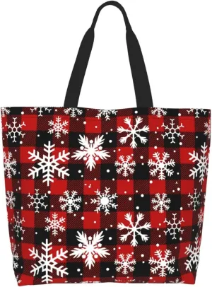 Christmas Bag, Red Christmas Snowflakes Reusable Grocery Bags, Xmas Tote Bag for Women Men Outdoor Shopping,Travel
