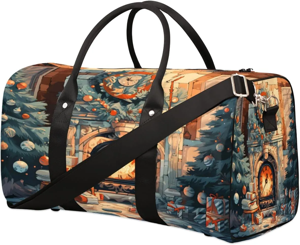 Christmas Fireplace Duffel Bags Large Tote Bag Overnight Bags for Women Men Lightweight Duffel Bag Adjustable Strap Carry On Bag Waterproof Gym Travel Bag