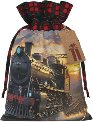 Christmas Gift Bag with Drawstrings Christmas Burlap Gift Bag Steam Train Depart Sunset Drawstring Gift Bag for Xmas Christmas Drawstring Bag Christmas Linen Bag Gift Wrapping Bags for Presents Party