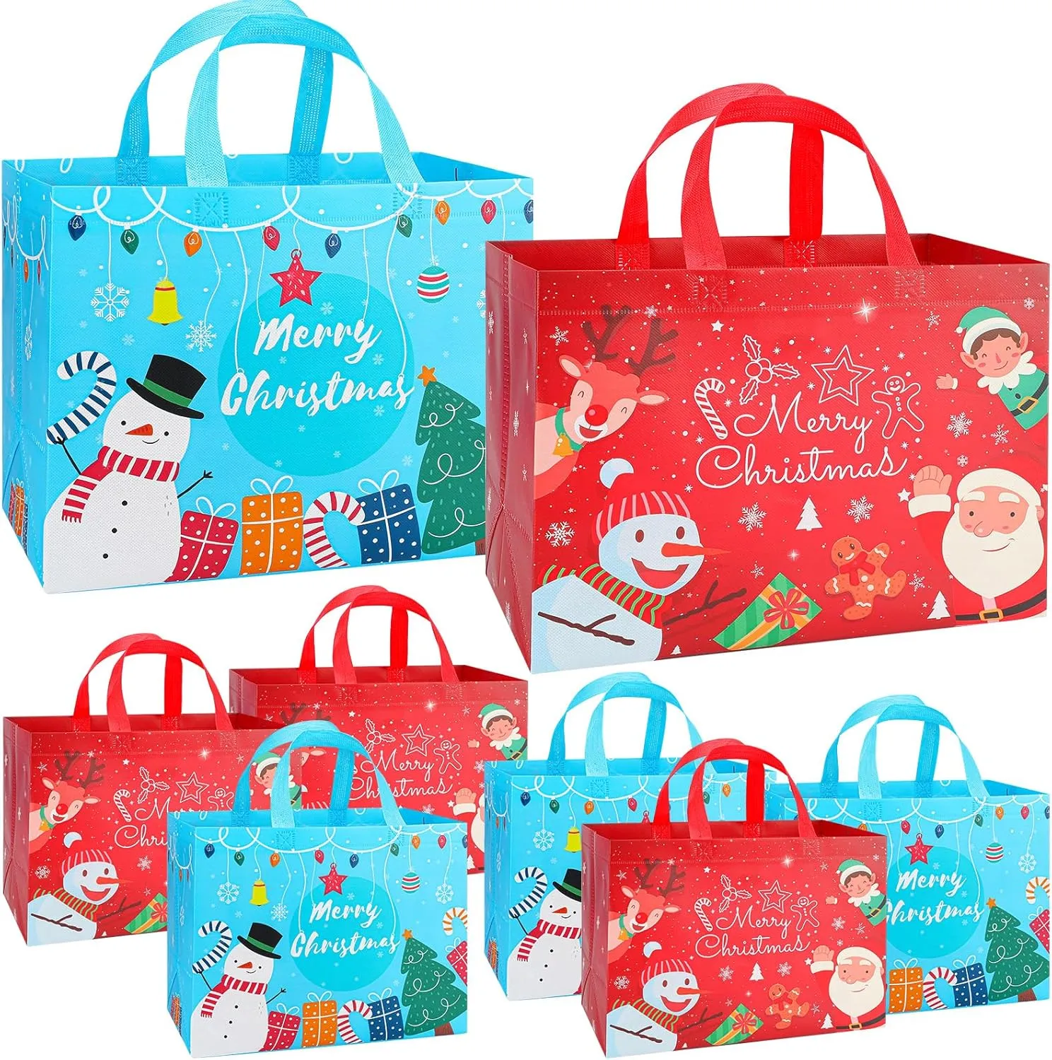 Christmas Gift Bags, 8PC Christmas Tote Bags with Handles, Reusable Xmas Holiday Gift Bag for Presents Wrapping, Heavy Duty Non-Woven Christmas Shopping Bags, Party Favor Bags, Large 12.8"x9.8"x6.7"