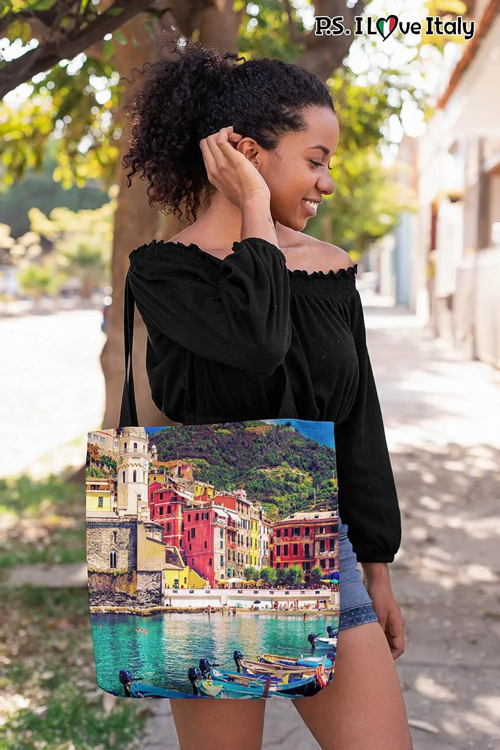 Cinque Terre Tote Bag - Casual & Big but Stylish Poplin Shoulder Handbag for Work & Travel