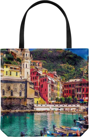 Cinque Terre Tote Bag - Casual & Big but Stylish Poplin Shoulder Handbag for Work & Travel