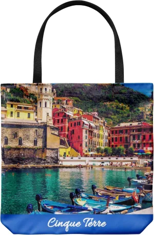 Cinque Terre Tote Bag - Casual & Big but Stylish Poplin Shoulder Handbag for Work & Travel