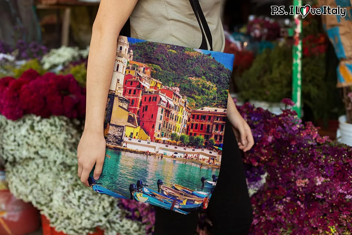 Cinque Terre Tote Bag - Casual & Big but Stylish Poplin Shoulder Handbag for Work & Travel