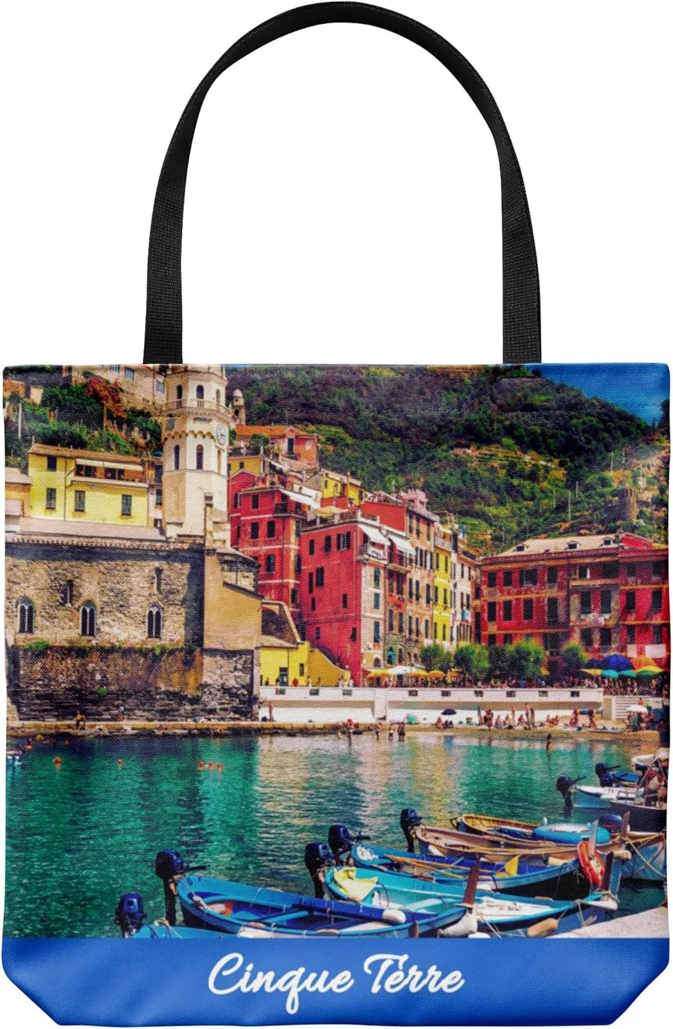 Cinque Terre Tote Bag - Casual & Big but Stylish Poplin Shoulder Handbag for Work & Travel