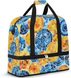 Circle Geometric Floral Travel Duffel Bag for Women Men Weekender Overnight Bag with Shoe Compartment Foldable Sports Gym Luggage Bag