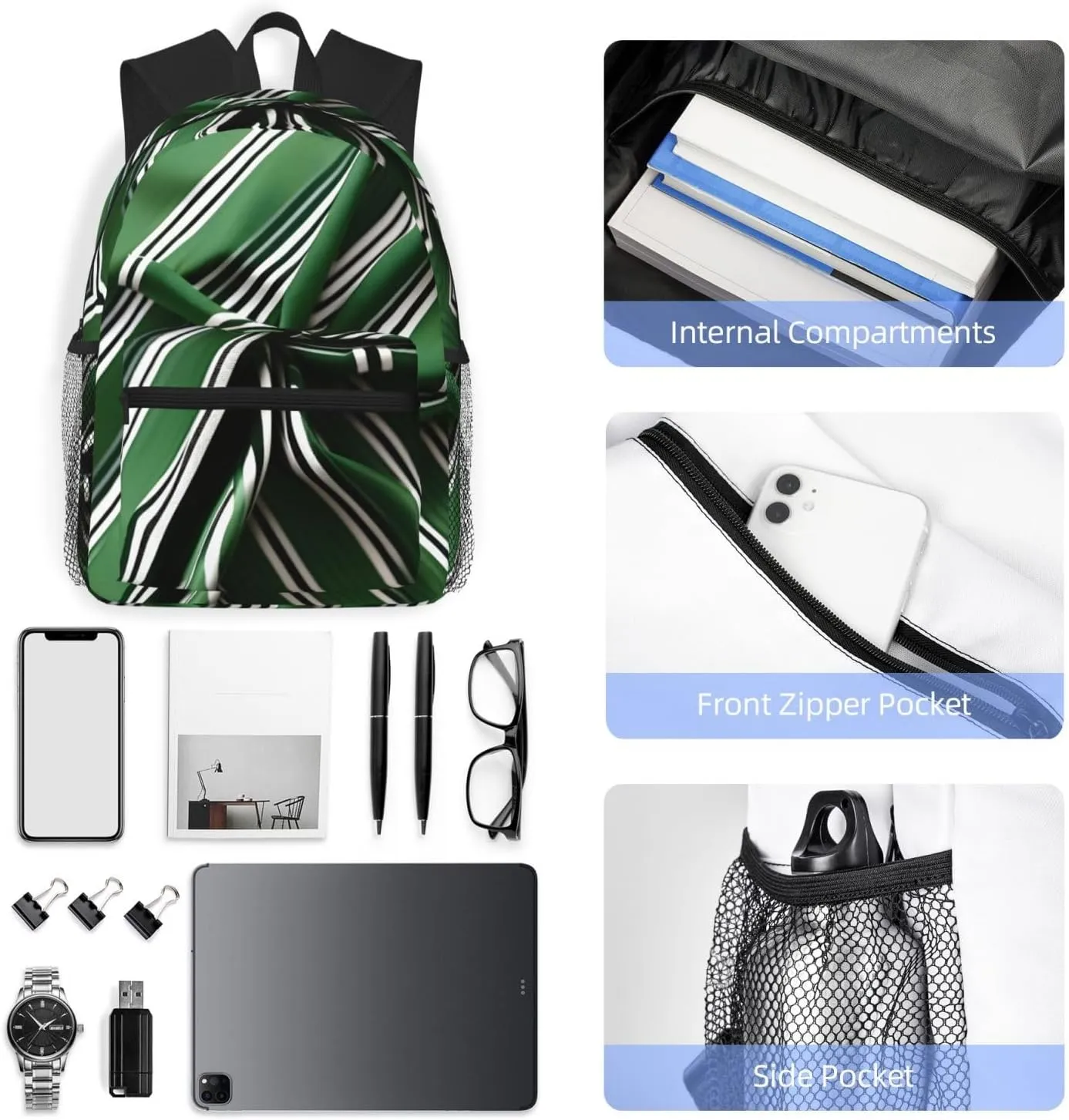 Classic Green Striped Print Comfortable Backpack,Your Essential Casual Travel Bag For Outdoor Adventures, SB-122