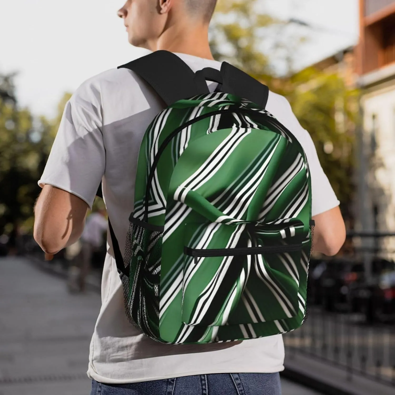 Classic Green Striped Print Comfortable Backpack,Your Essential Casual Travel Bag For Outdoor Adventures, SB-122