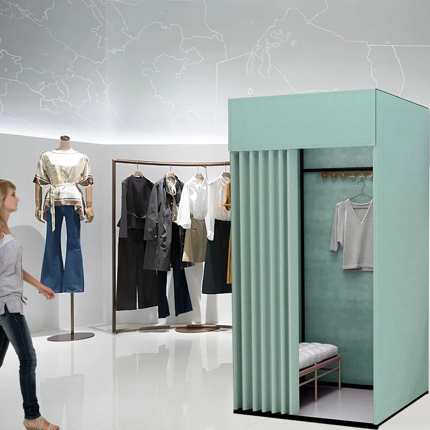 Clothing Store Fitting Room with Shading Curtain, Portable Temporary Mobile Privacy Protection Dressing Room, Foldable Mall Simple Changing Room for Office Outdoor Activity, 200x100x95cm(Light Green)