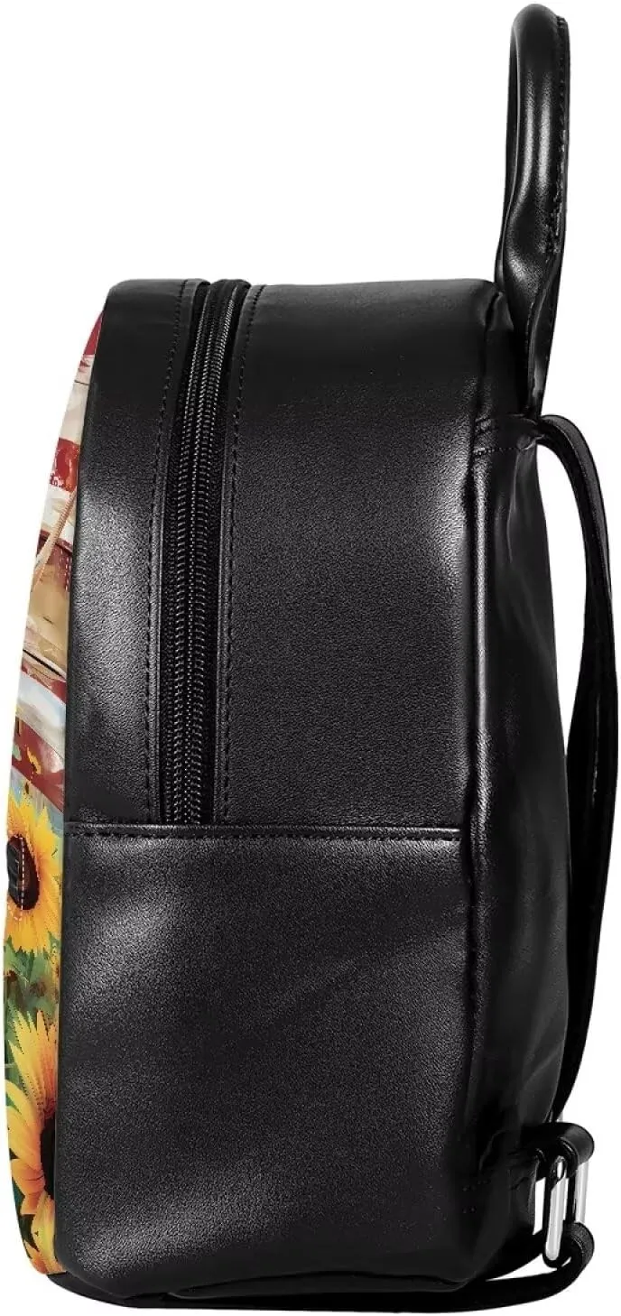 COEQINE American Flag Mini Backpack for Women Leather Small Waterproof Backpack Purses Casual Bookbag With Front Zipper Pocket for Work Travel,Sunflower Highland Cow Backpack