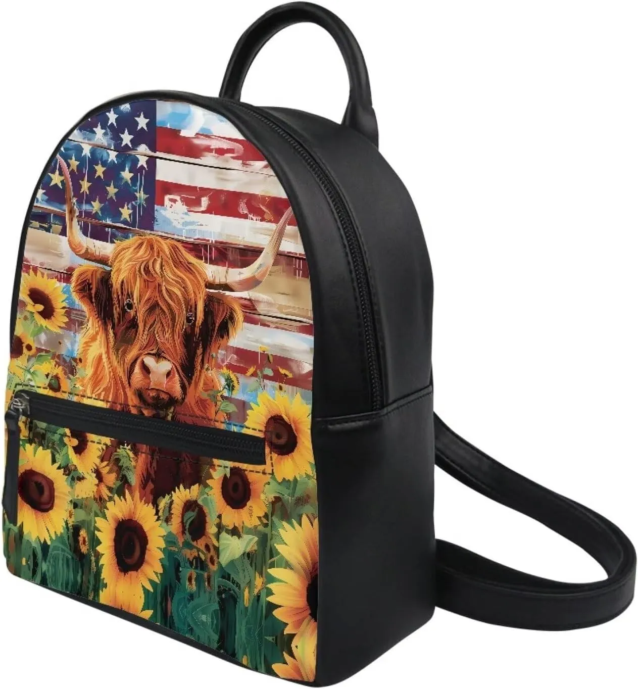 COEQINE American Flag Mini Backpack for Women Leather Small Waterproof Backpack Purses Casual Bookbag With Front Zipper Pocket for Work Travel,Sunflower Highland Cow Backpack
