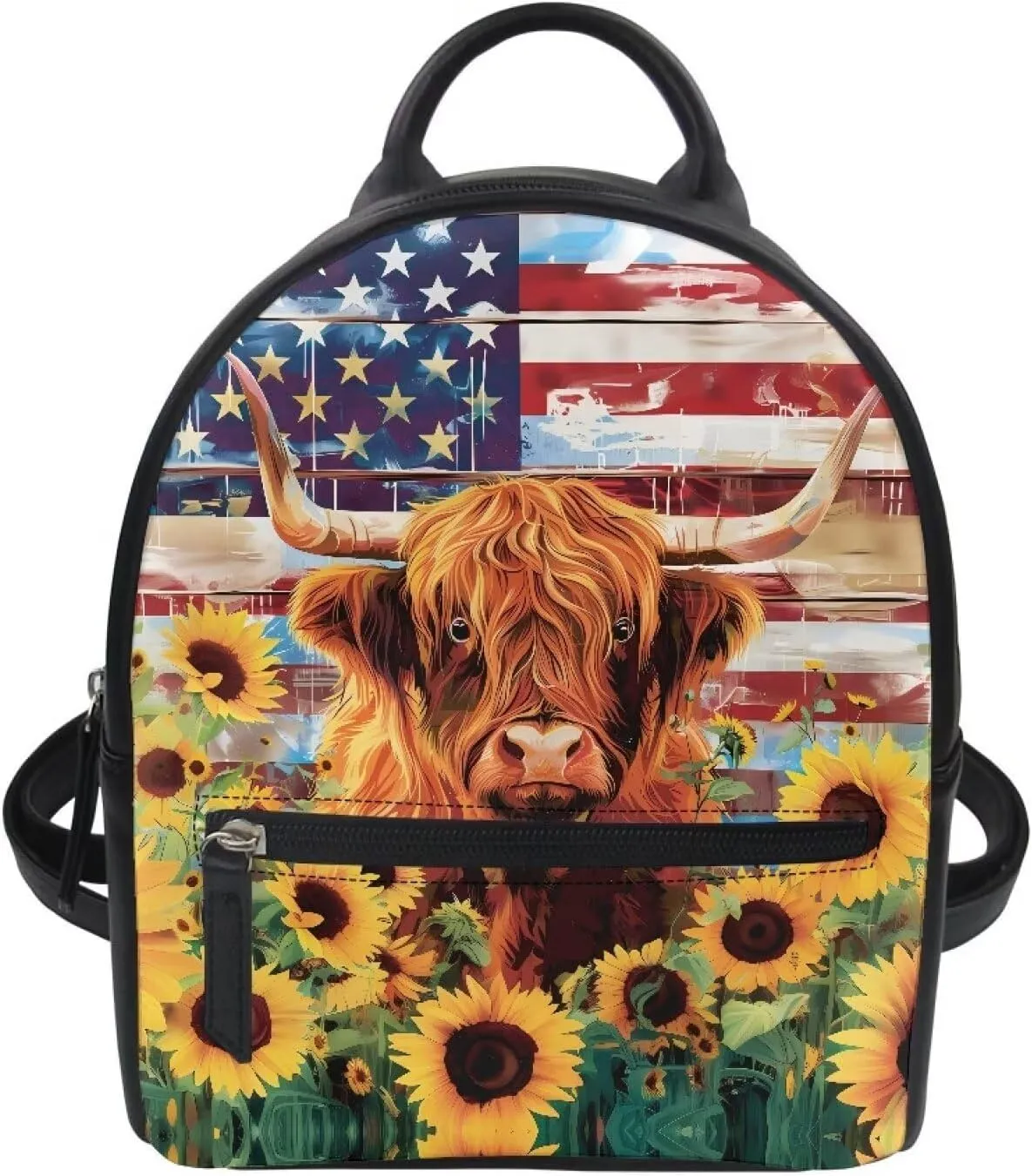 COEQINE American Flag Mini Backpack for Women Leather Small Waterproof Backpack Purses Casual Bookbag With Front Zipper Pocket for Work Travel,Sunflower Highland Cow Backpack