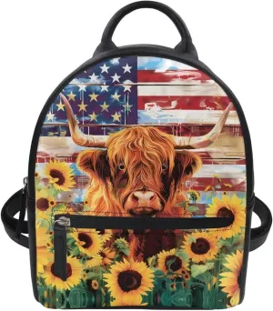 COEQINE American Flag Mini Backpack for Women Leather Small Waterproof Backpack Purses Casual Bookbag With Front Zipper Pocket for Work Travel,Sunflower Highland Cow Backpack