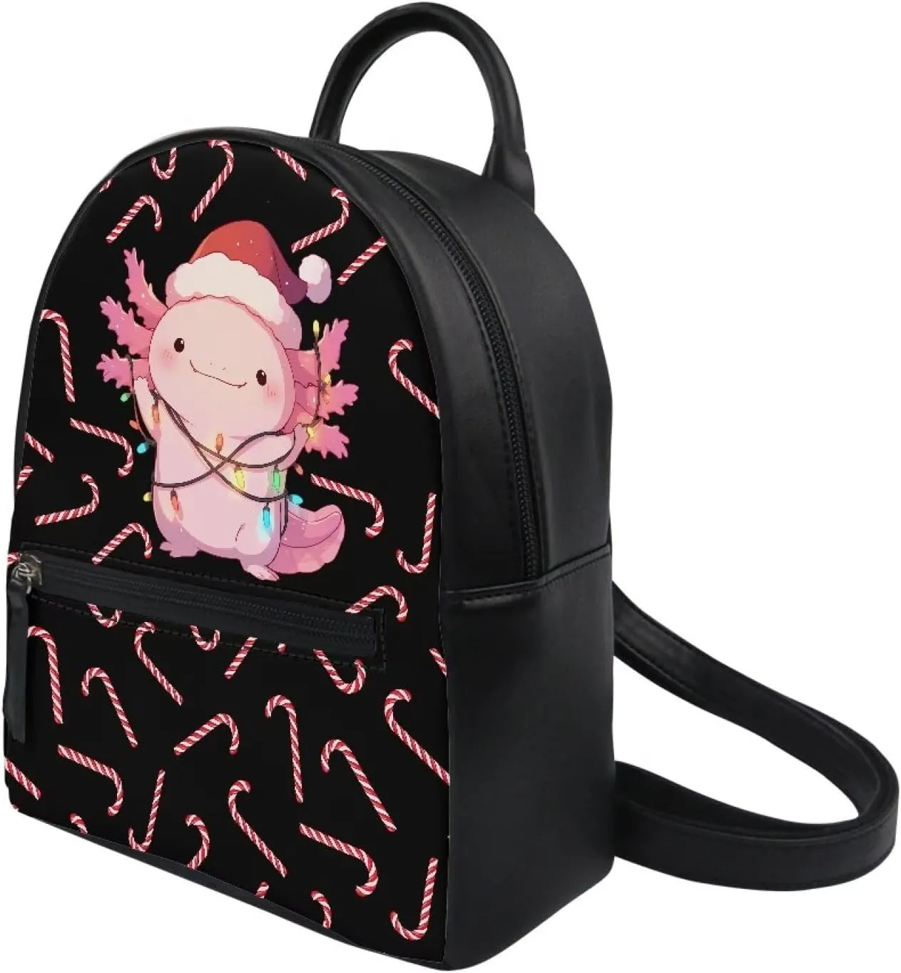 COEQINE Christmas Candy Axolotl Backpack for Women, Cute Christmas Lights Decor Shoulder Bag Mini Backpack Waterproof Leather Daypack Purse Shoulder Bag With Front Zipper Pocket