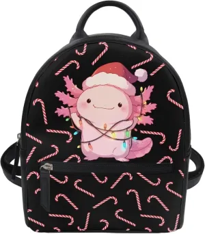 COEQINE Christmas Candy Axolotl Backpack for Women, Cute Christmas Lights Decor Shoulder Bag Mini Backpack Waterproof Leather Daypack Purse Shoulder Bag With Front Zipper Pocket