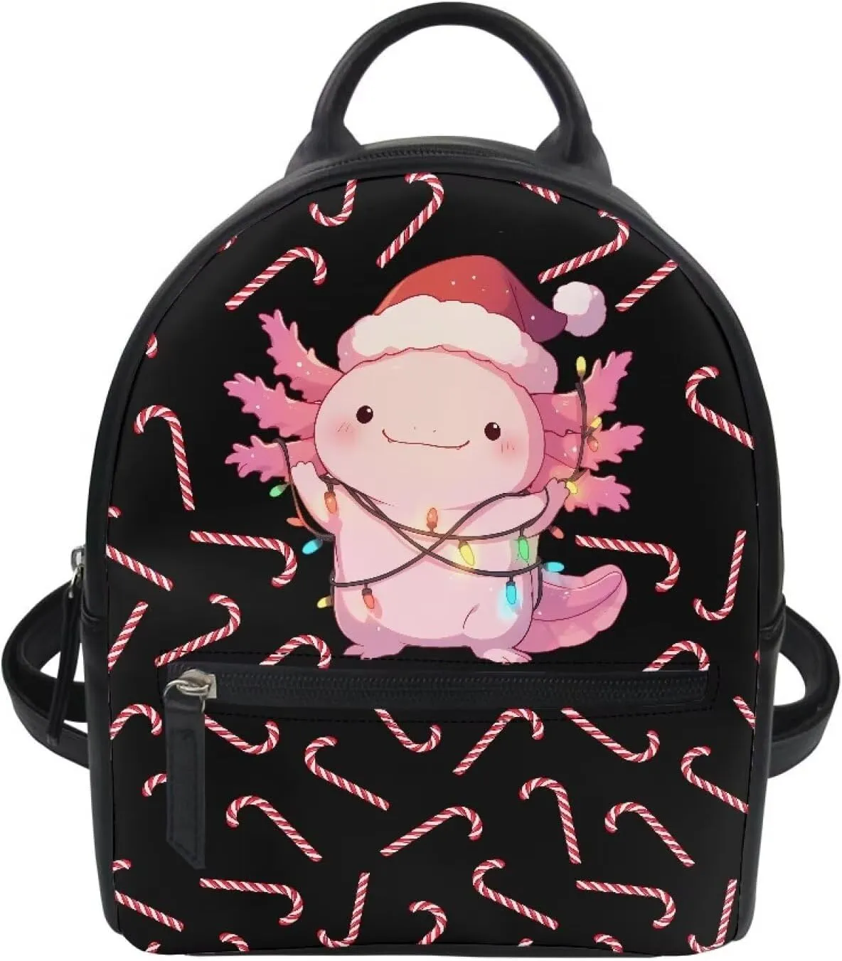 COEQINE Christmas Candy Axolotl Backpack for Women, Cute Christmas Lights Decor Shoulder Bag Mini Backpack Waterproof Leather Daypack Purse Shoulder Bag With Front Zipper Pocket
