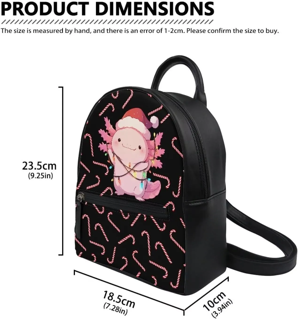 COEQINE Christmas Candy Axolotl Backpack for Women, Cute Christmas Lights Decor Shoulder Bag Mini Backpack Waterproof Leather Daypack Purse Shoulder Bag With Front Zipper Pocket