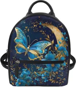 COEQINE Mini Backpack Butterfly for Women Portable Leather Shoulder Bag With Adjustable Strap Handbag Travel Hiking Daypack Fashion Blue Floral Bookbag