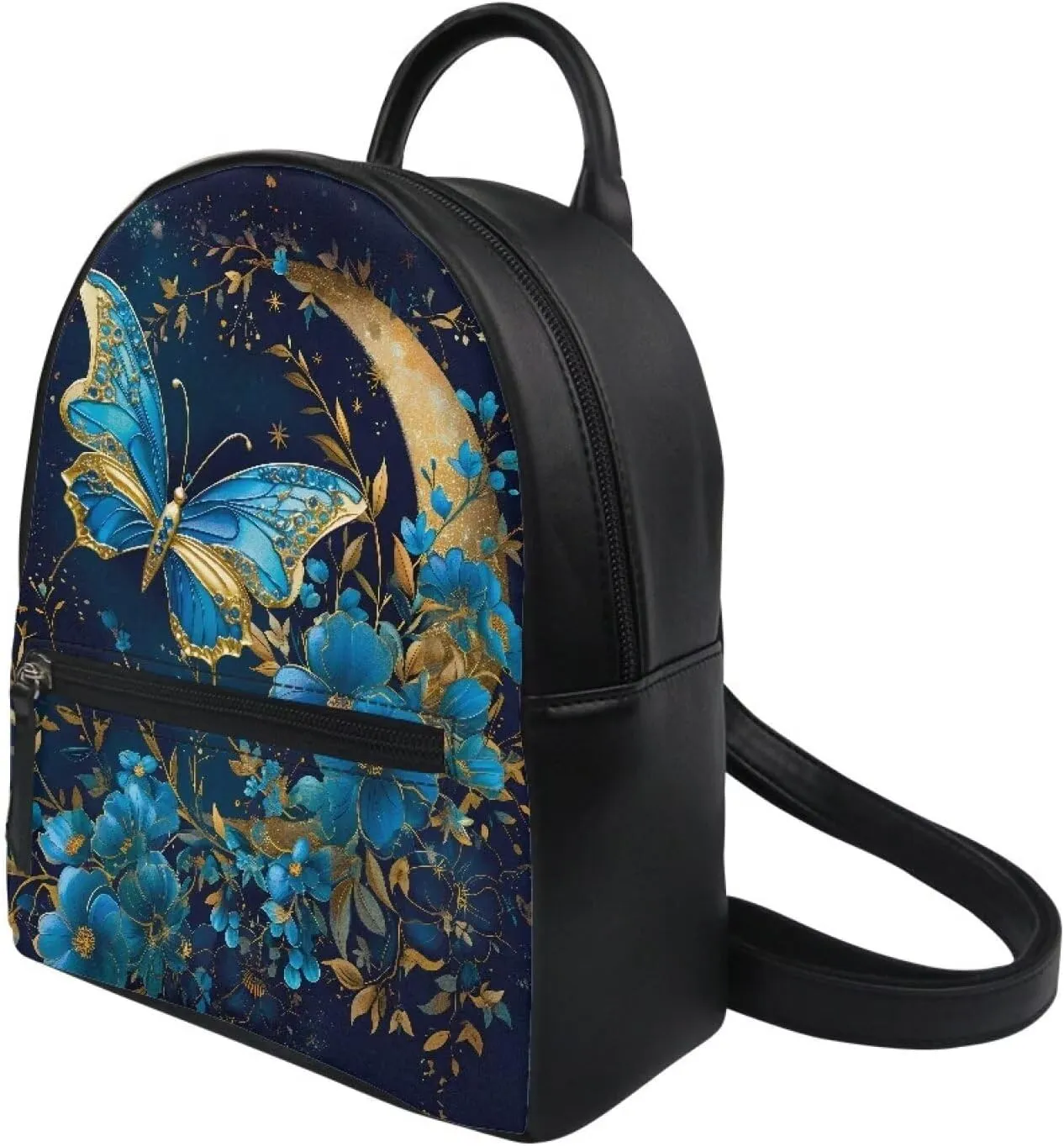 COEQINE Mini Backpack Butterfly for Women Portable Leather Shoulder Bag With Adjustable Strap Handbag Travel Hiking Daypack Fashion Blue Floral Bookbag