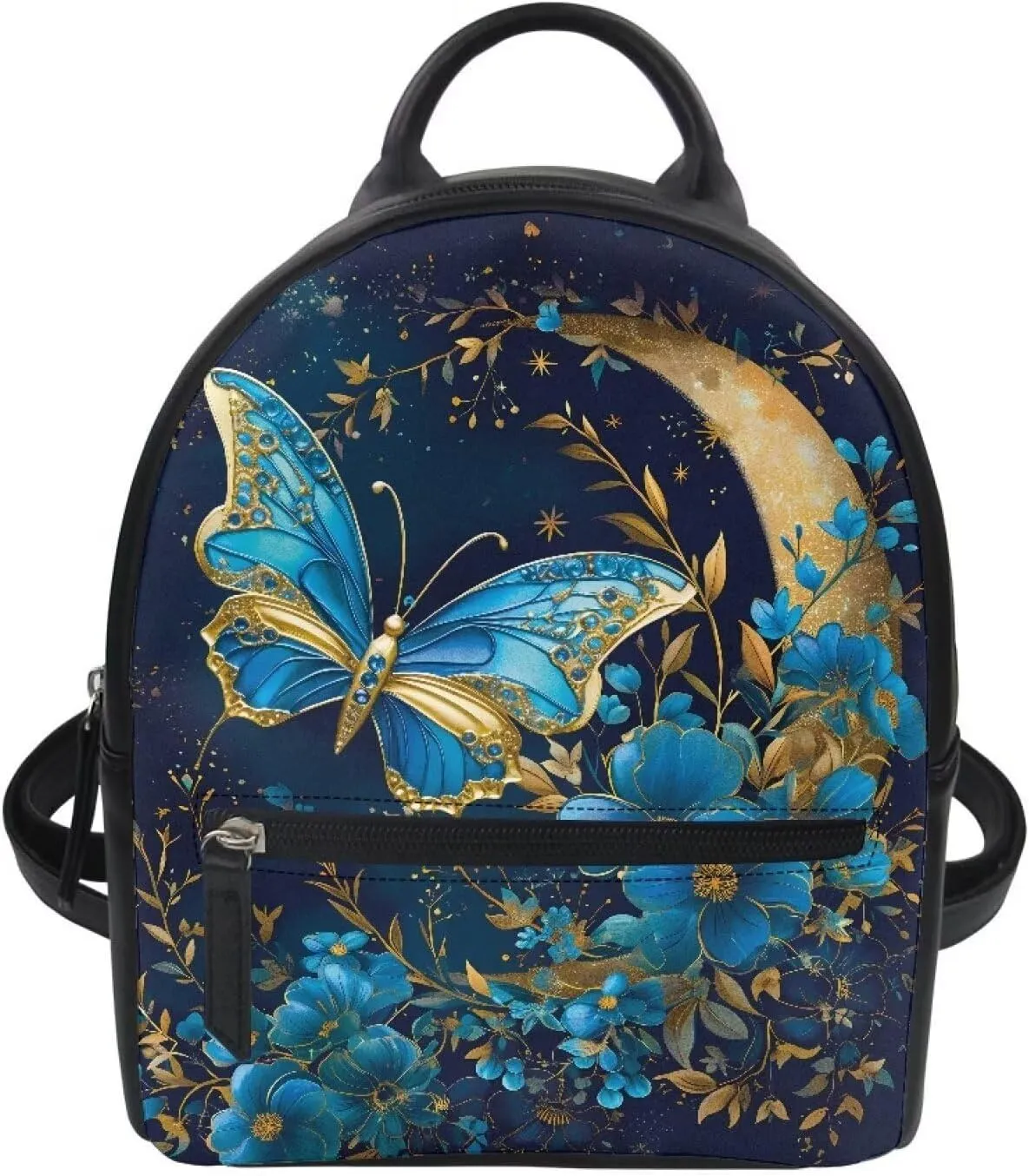 COEQINE Mini Backpack Butterfly for Women Portable Leather Shoulder Bag With Adjustable Strap Handbag Travel Hiking Daypack Fashion Blue Floral Bookbag