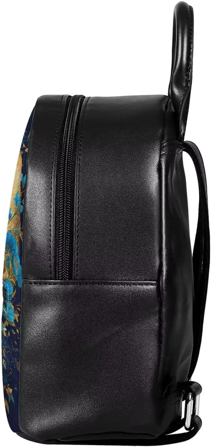 COEQINE Mini Backpack Butterfly for Women Portable Leather Shoulder Bag With Adjustable Strap Handbag Travel Hiking Daypack Fashion Blue Floral Bookbag