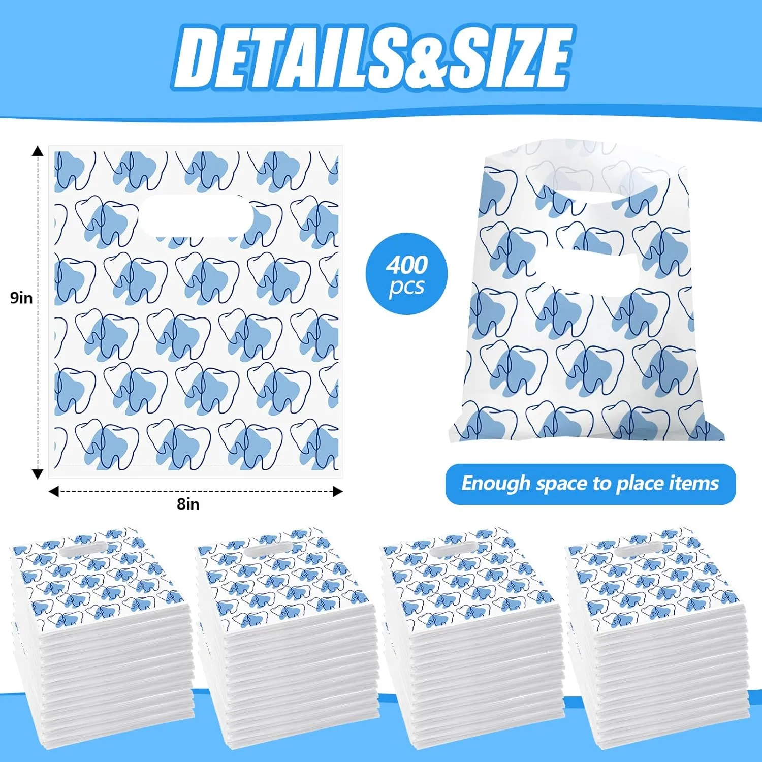 Colarr 400 Pcs Tooth Patient Care Dental Bags 9 x 8 Inches Plastic Merchandise Bags Dental Bags for Patients Dental Clinics Patient Encouragement Gifts Party Favors (Stylish Style)