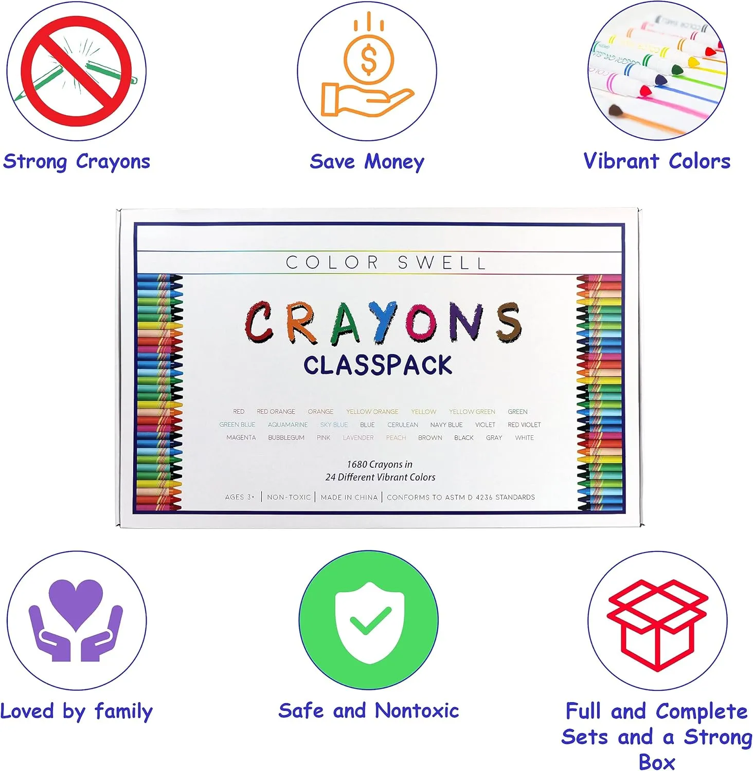 Color Swell Bulk Crayon Classpack - 1680 Crayons in 24 Vibrant Colors of Teacher Quality Durable Bulk Crayons for Classroom and Home