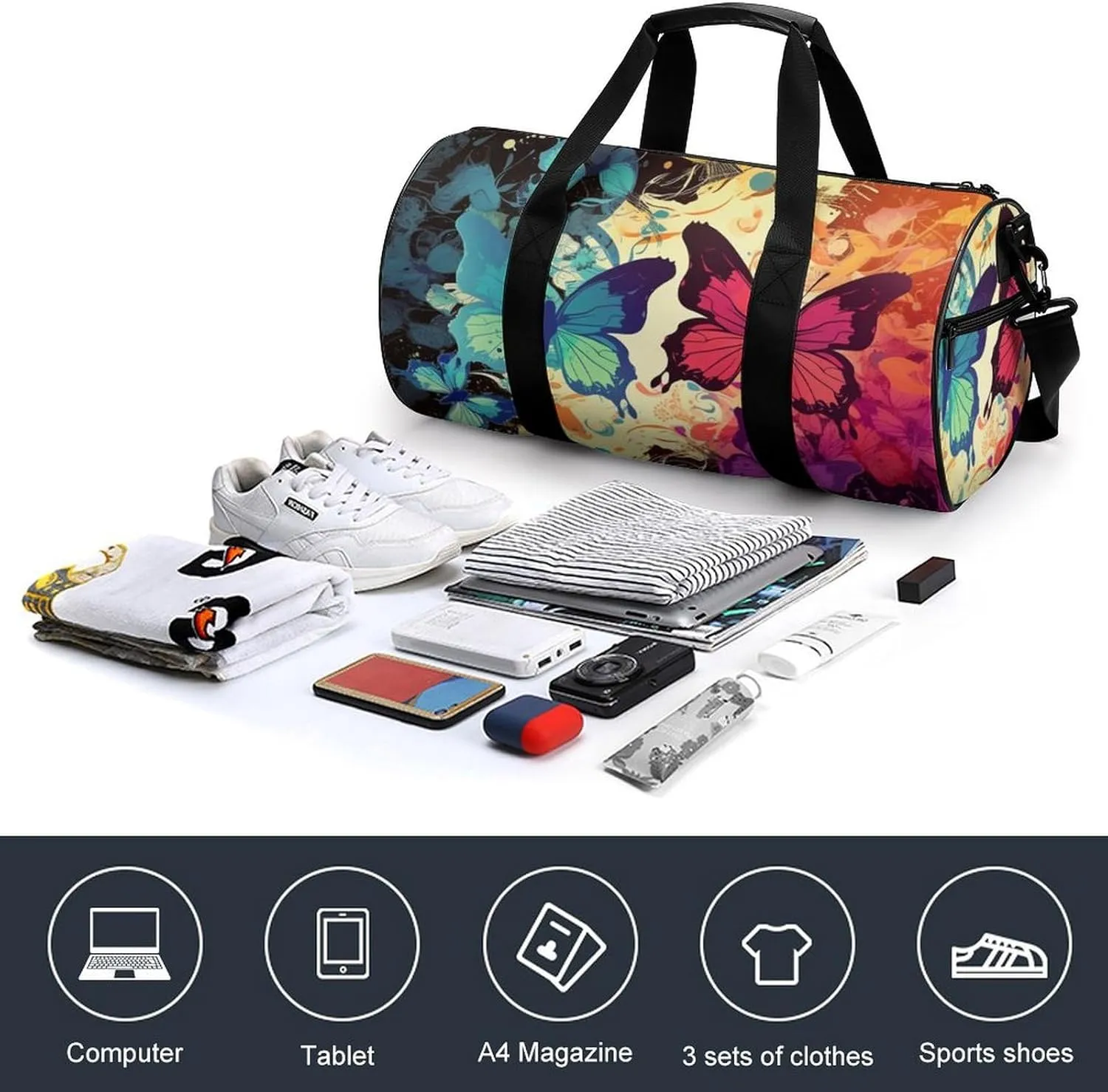 Colorful Butterfly Pattern Gym Bag Small Travel Duffle Bag with Compartment Carry On Weekender Bag for Women Men